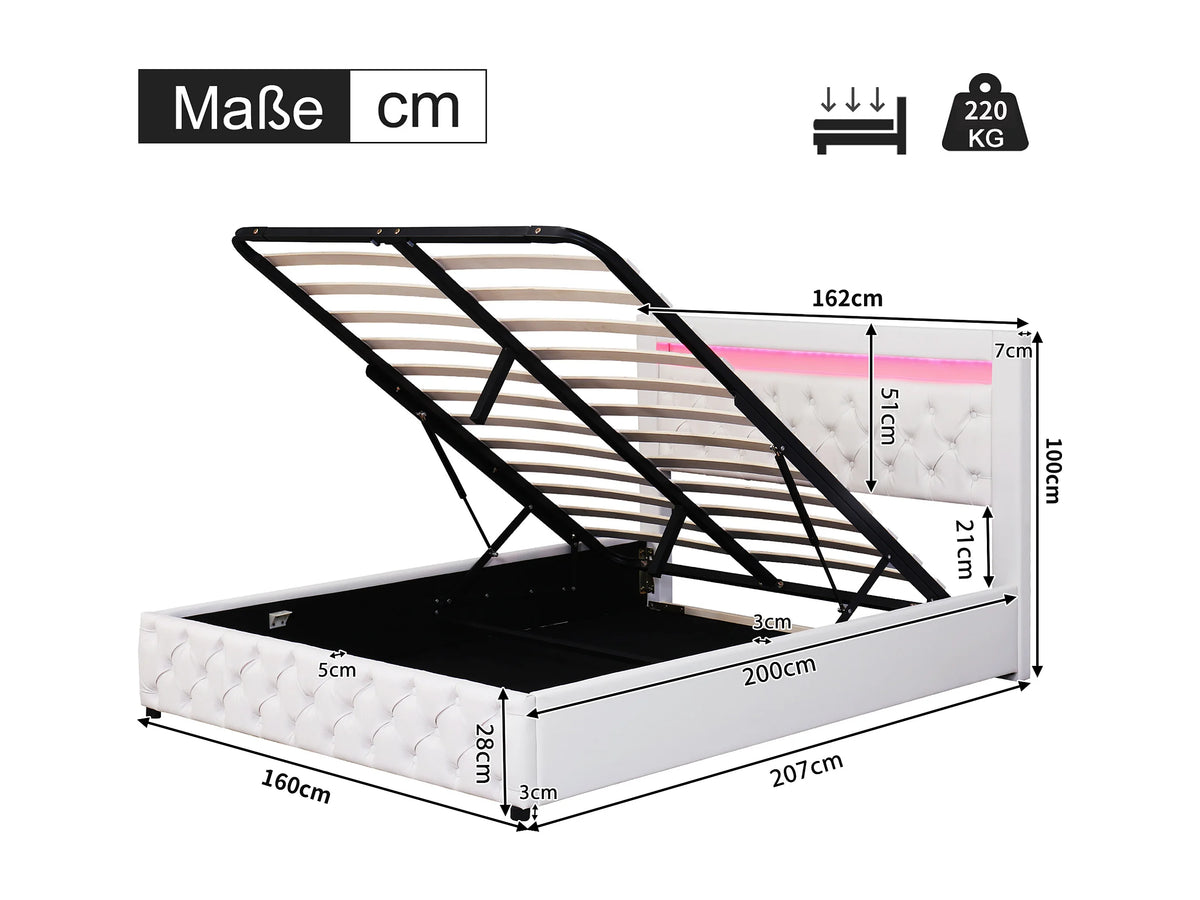 Lit Coffre 160x200 Simili Cuir Beige Capitonné avec Chevets, LED et Port USB — vue 6