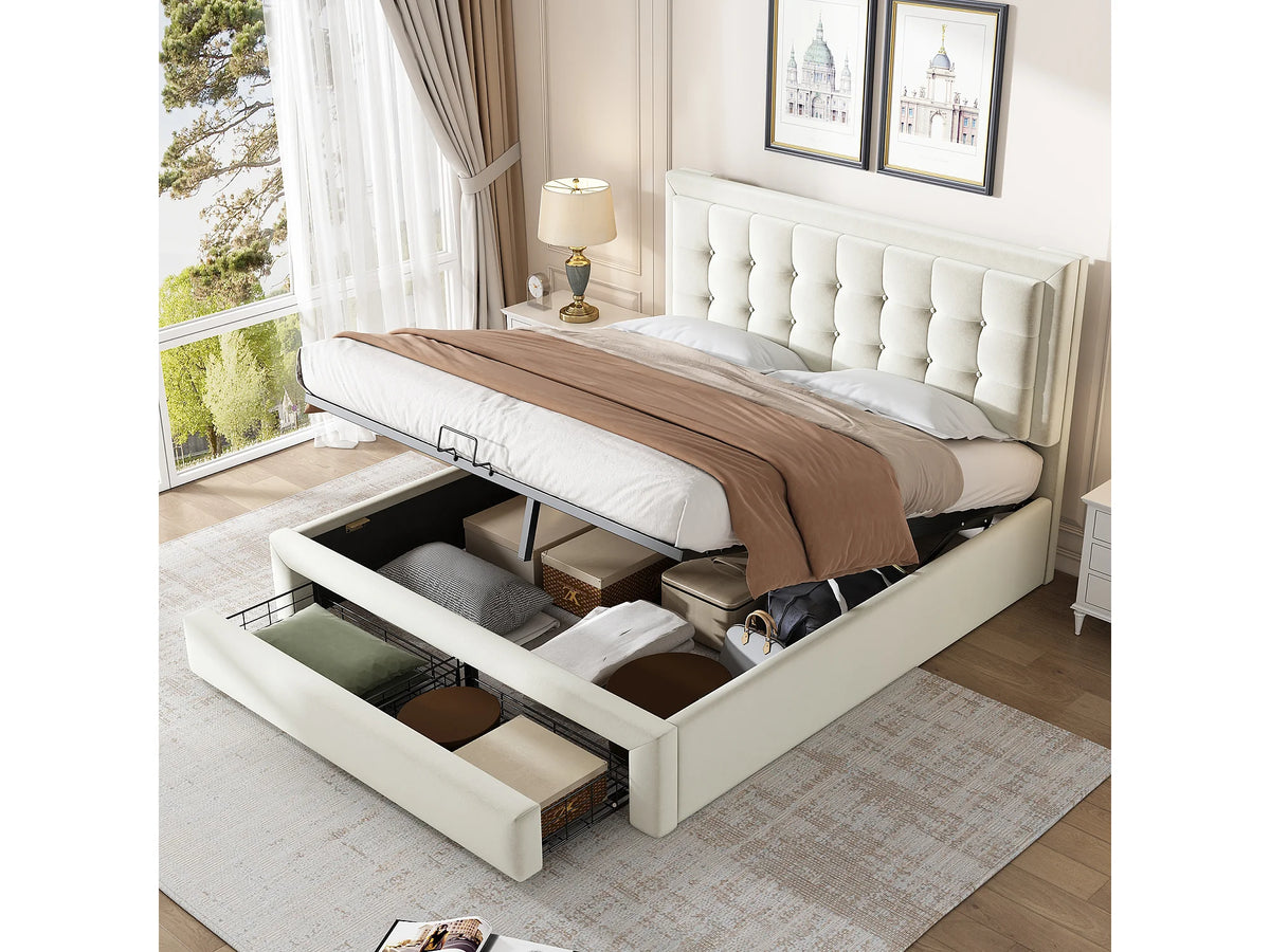Lit Coffre 140x200 Velours Beige Capitonné avec Tiroirs — vue 2