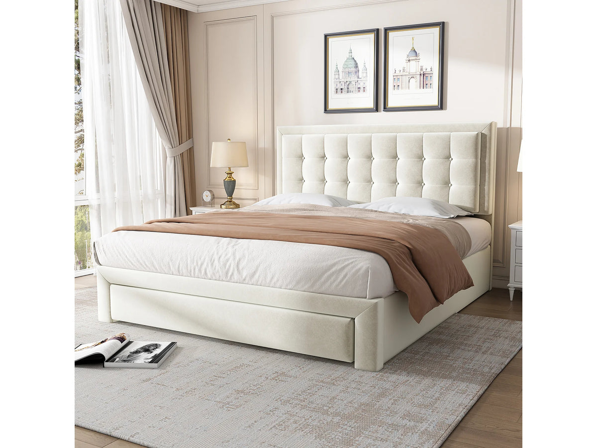 Lit Coffre 140x200 Velours Beige Capitonné avec Tiroirs — vue 3