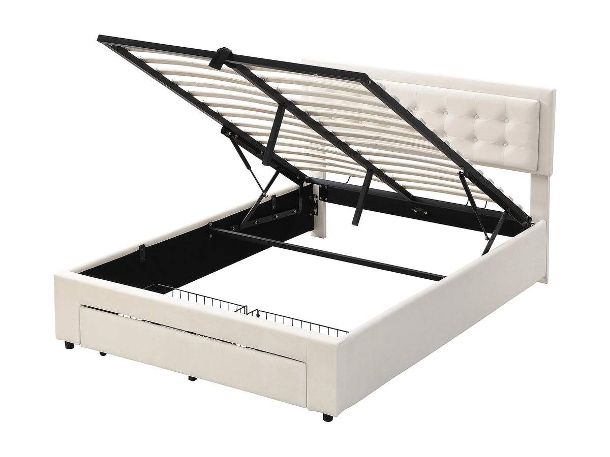 Lit Coffre 140x200 Velours Beige Capitonné avec Tiroirs — vue 4