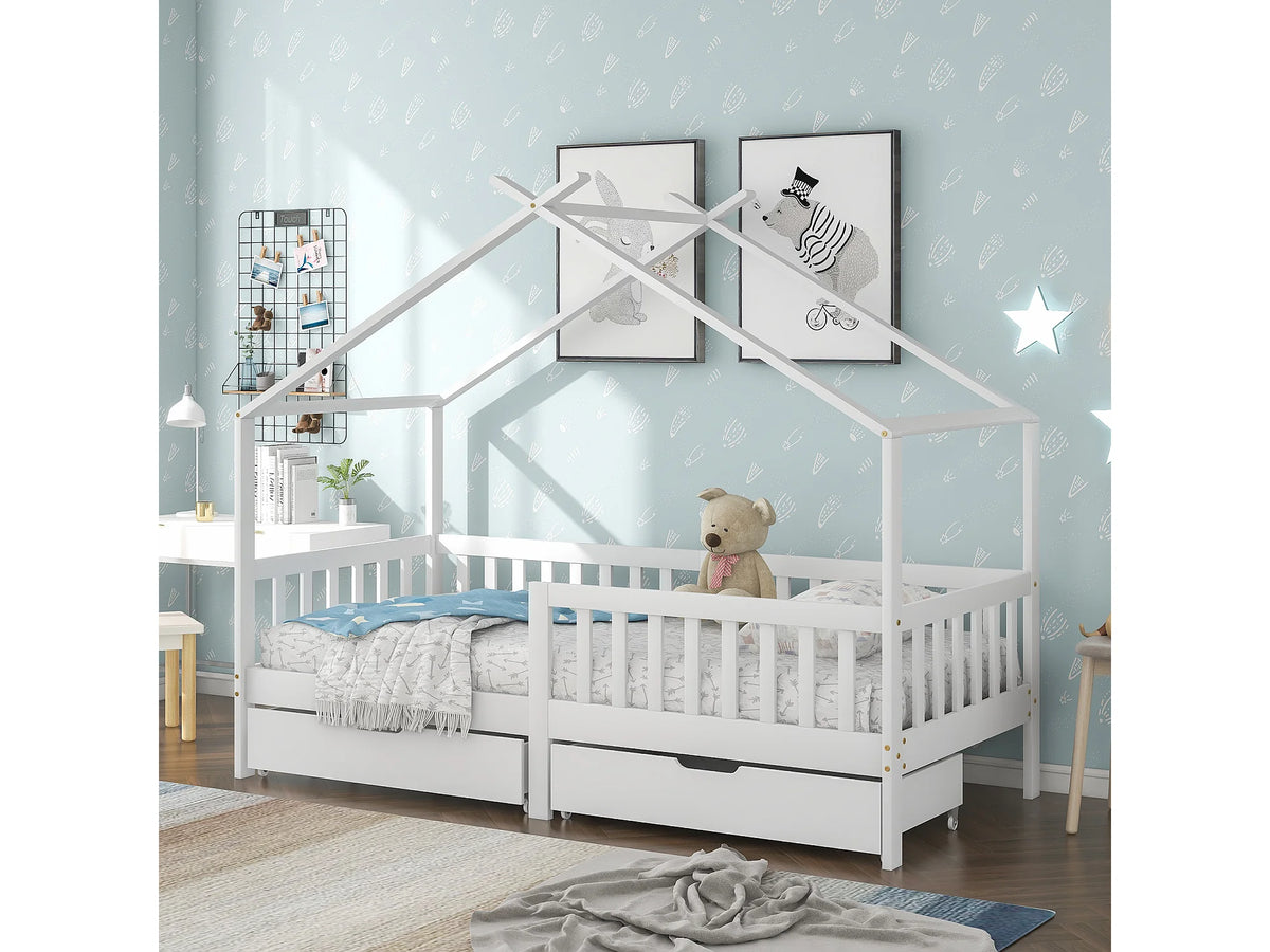 Lit Coffre 200x200 Bois Blanc avec Tiroirs — vue 2