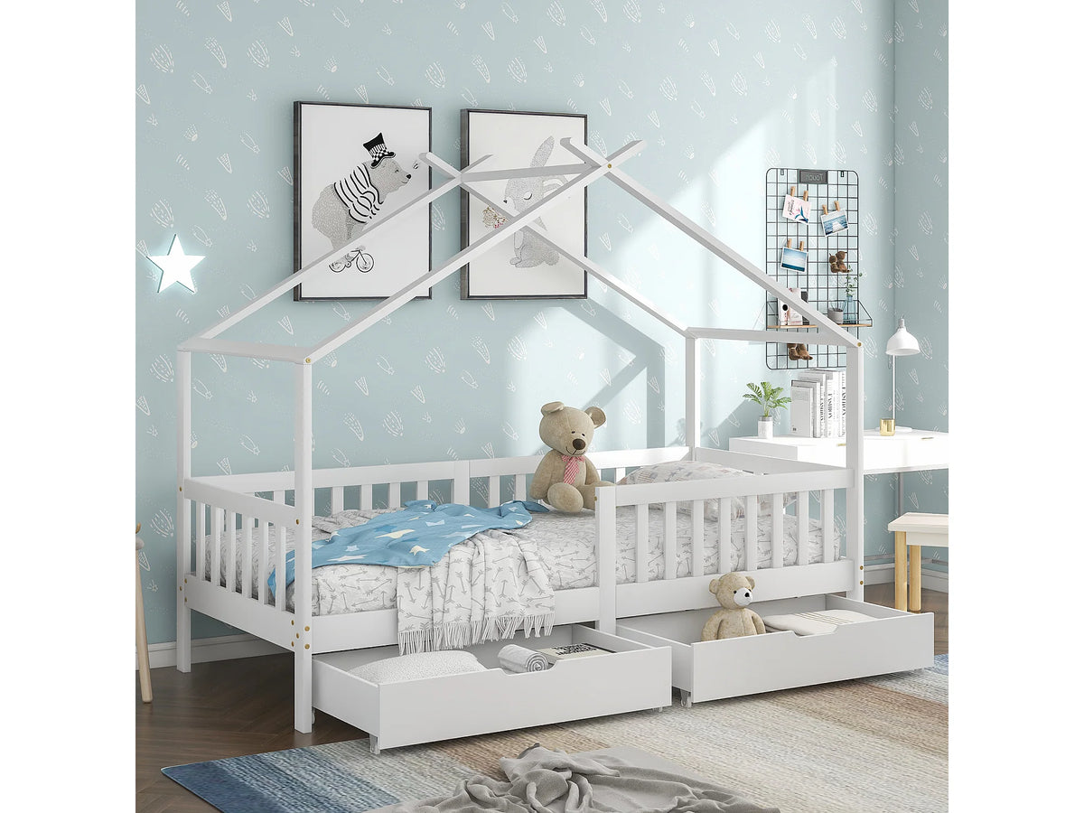 Lit Coffre 200x200 Bois Blanc avec Tiroirs — vue 3