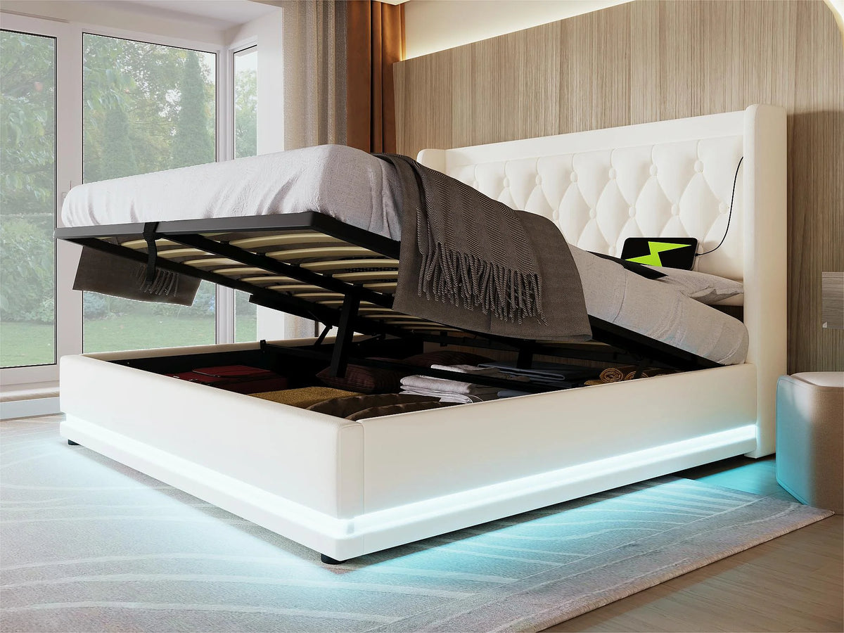 Lit Coffre 180x200 Simili Cuir Blanc Capitonné avec LED et Port USB