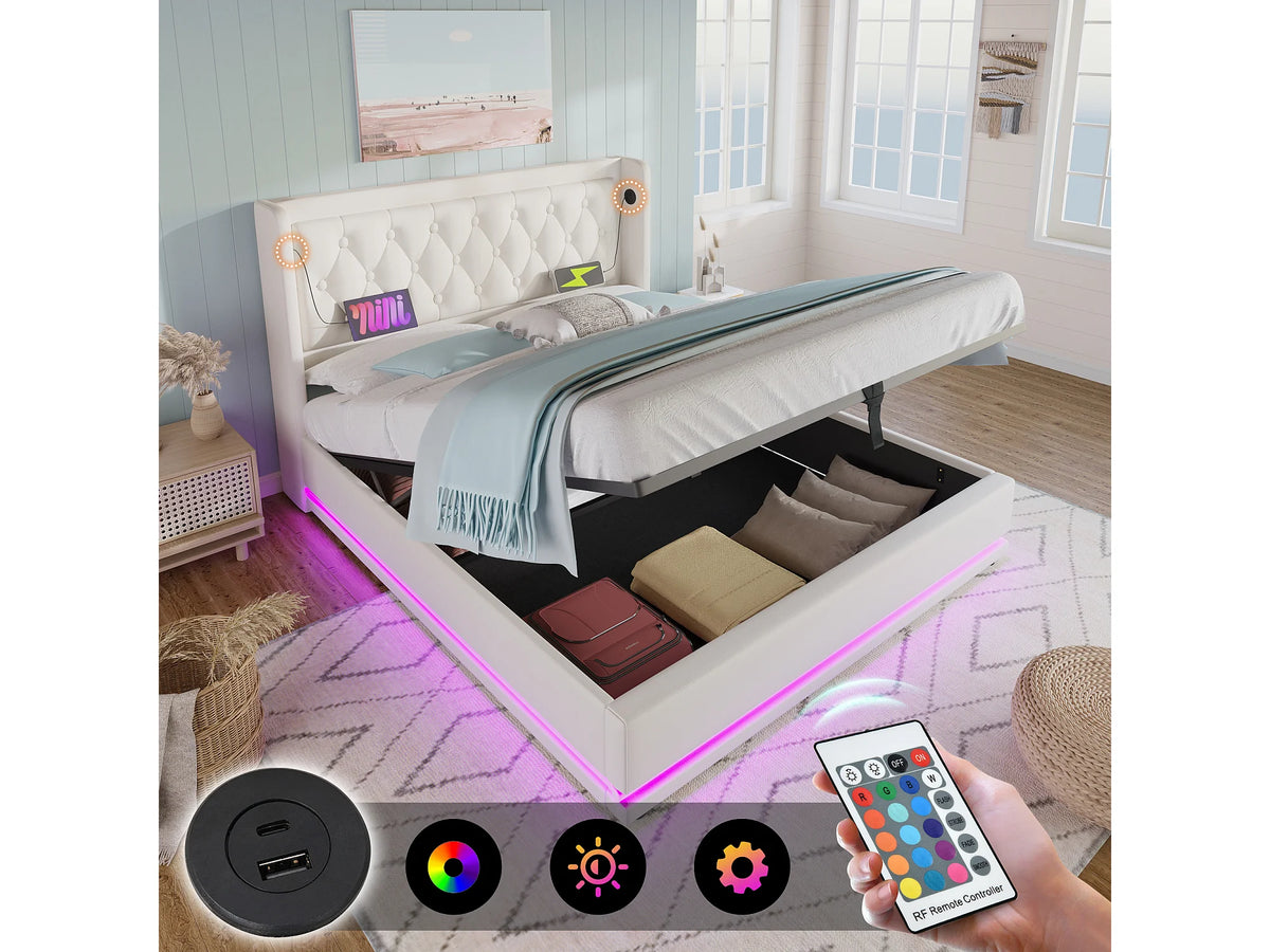 Lit Coffre 180x200 Simili Cuir Blanc Capitonné avec LED et Port USB — vue 2