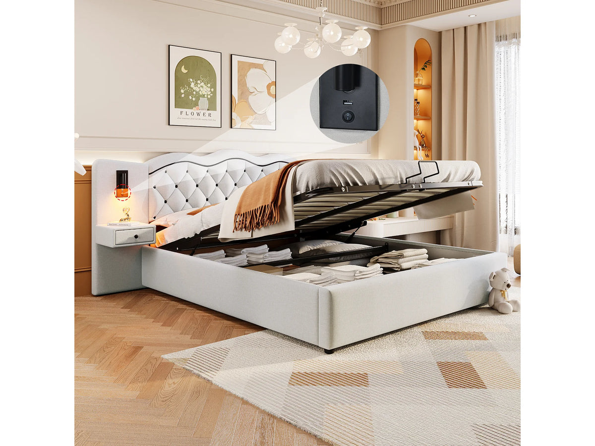 Lit Coffre 180x200 Tissu Lin Beige avec Chevets, LED et Port USB — vue 2