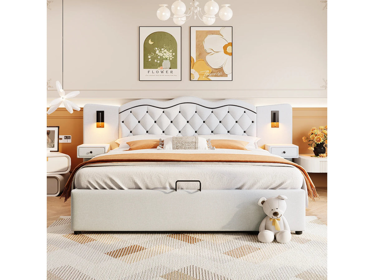Lit Coffre 180x200 Tissu Lin Beige avec Chevets, LED et Port USB — vue 3