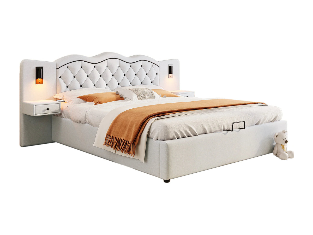 Lit Coffre 180x200 Tissu Lin Beige avec Chevets, LED et Port USB — vue 4