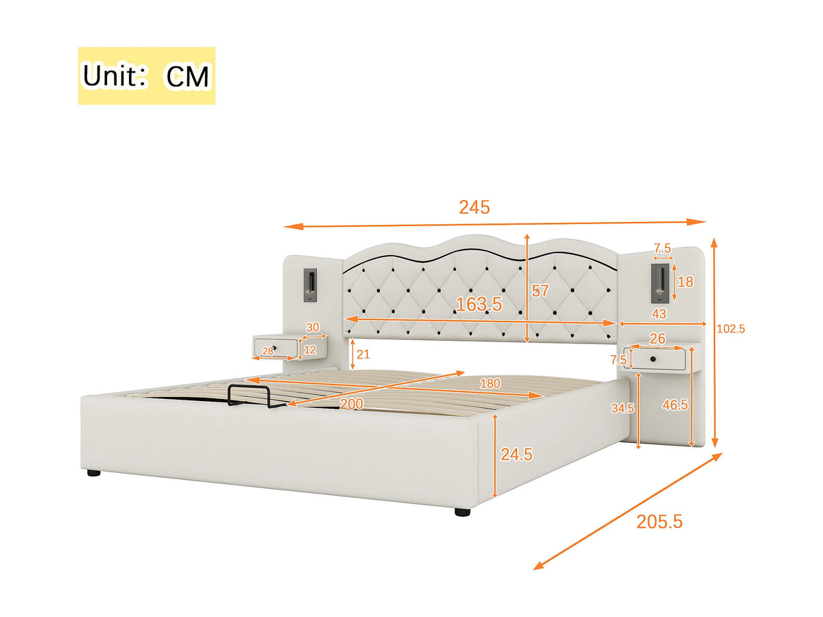 Lit Coffre 180x200 Tissu Lin Beige avec Chevets, LED et Port USB — vue 8