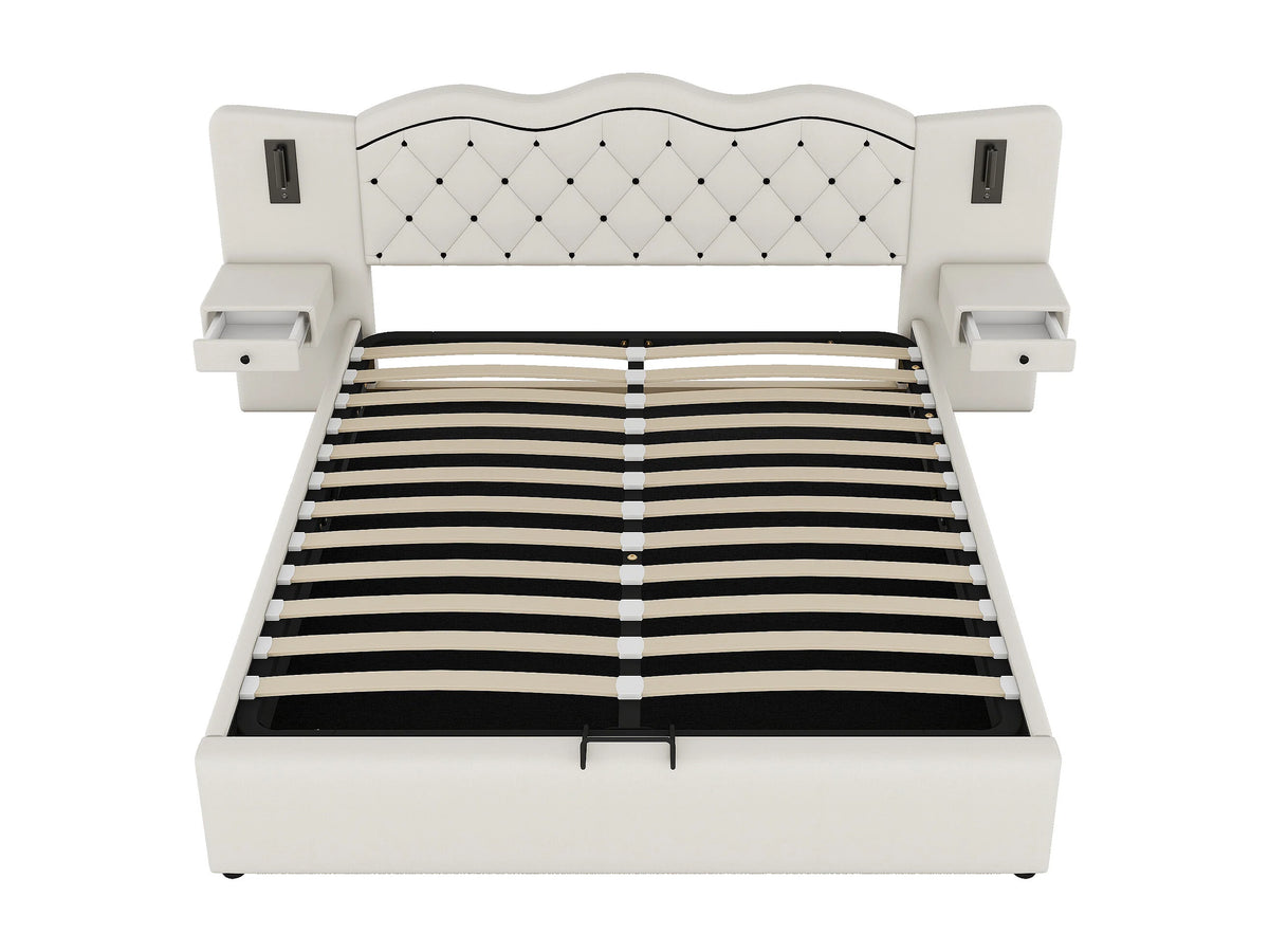 Lit Coffre 180x200 Tissu Lin Beige avec Chevets, LED et Port USB — vue 5