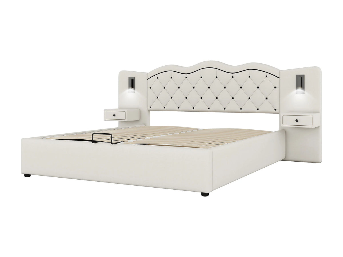 Lit Coffre 180x200 Tissu Lin Beige avec Chevets, LED et Port USB — vue 6