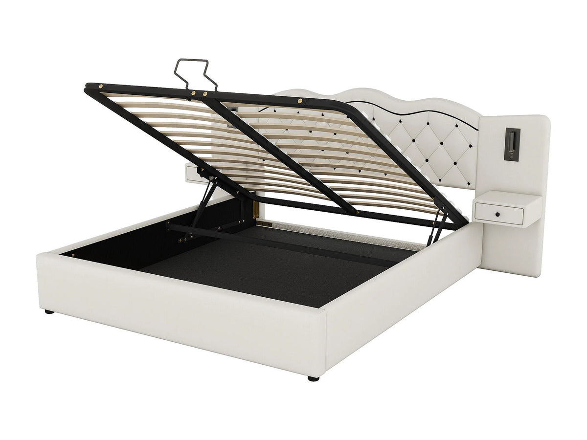 Lit Coffre 180x200 Tissu Lin Beige avec Chevets, LED et Port USB — vue 7