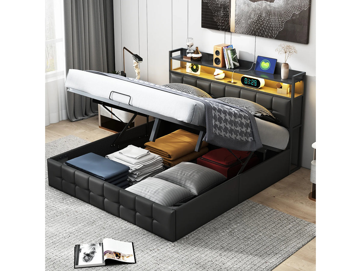 Lit Coffre 140x200 Simili Cuir Noir avec LED et Port USB