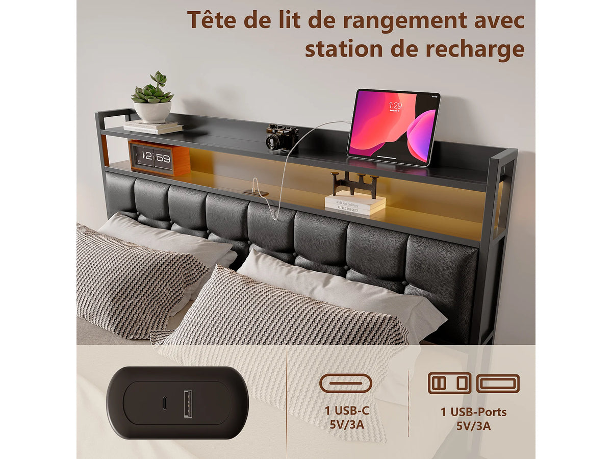 Lit Coffre 140x200 Simili Cuir Noir avec LED et Port USB — vue 8