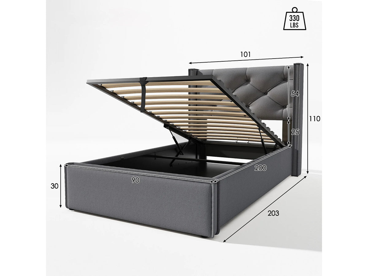 Lit Coffre 90x200 Tissu Gris Capitonné — vue 5