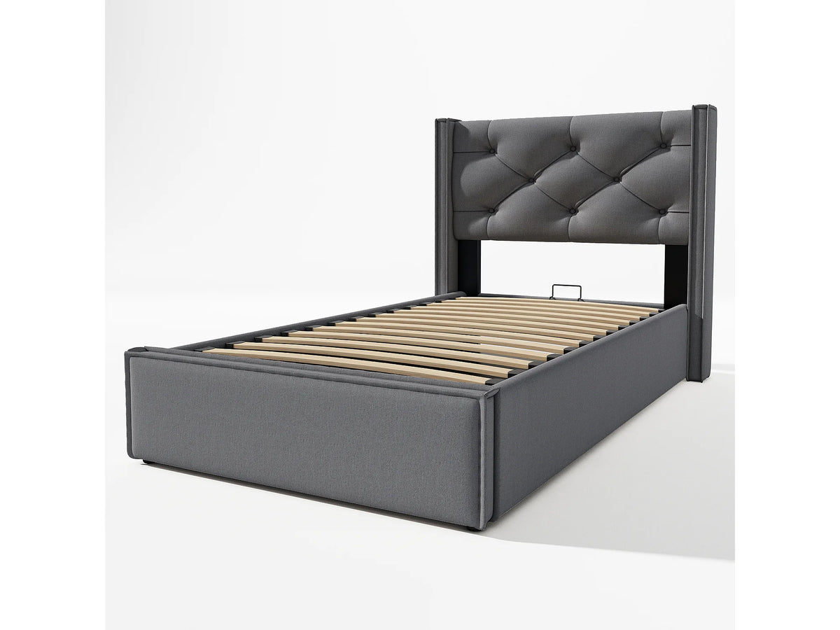 Lit Coffre 90x200 Tissu Gris Capitonné — vue 3