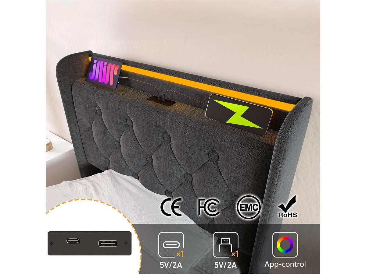Lit Coffre 90x200 Tissu Lin Gris avec LED et Port USB — vue 9