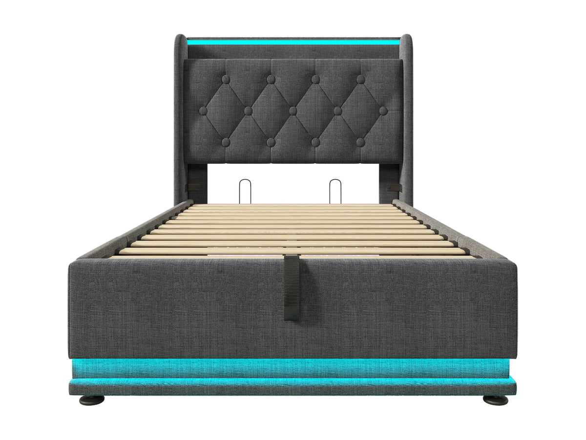 Lit Coffre 90x200 Tissu Lin Gris avec LED et Port USB — vue 5