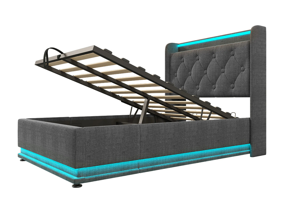 Lit Coffre 90x200 Tissu Lin Gris avec LED et Port USB — vue 6
