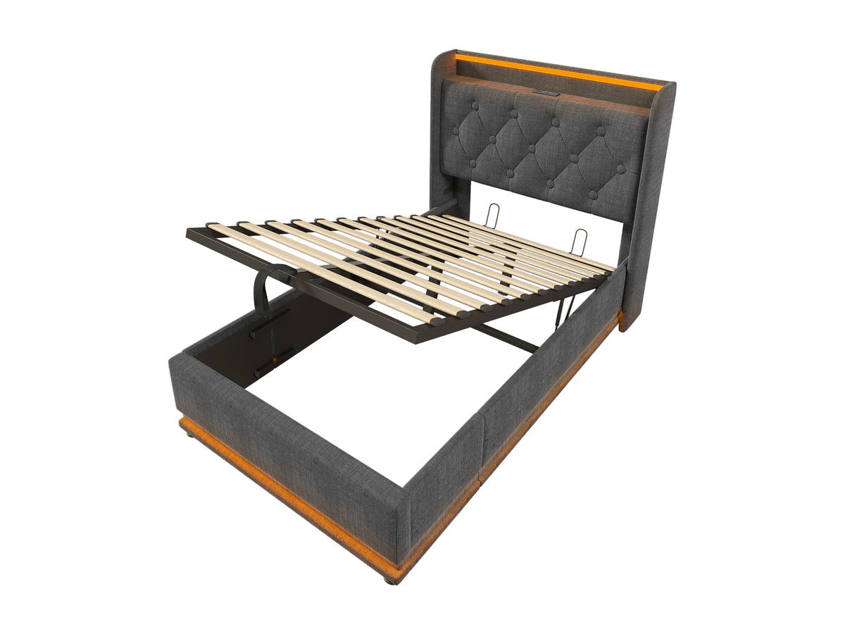 Lit Coffre 90x200 Tissu Lin Gris avec LED et Port USB — vue 7