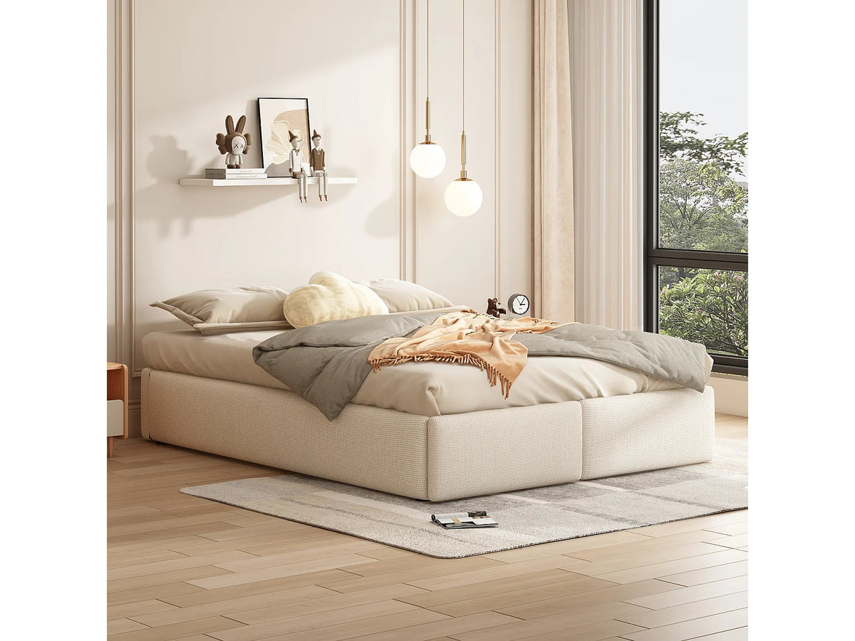 Lit Coffre 160x200 Tissu Lin Beige avec Tiroirs — vue 2