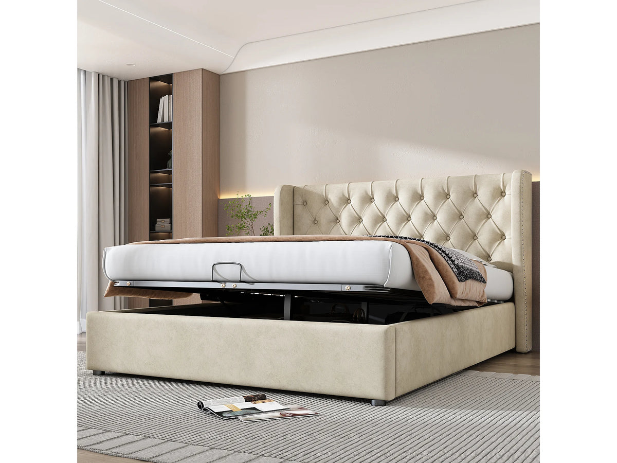 Lit Coffre 140x190 Velours Beige — vue 2