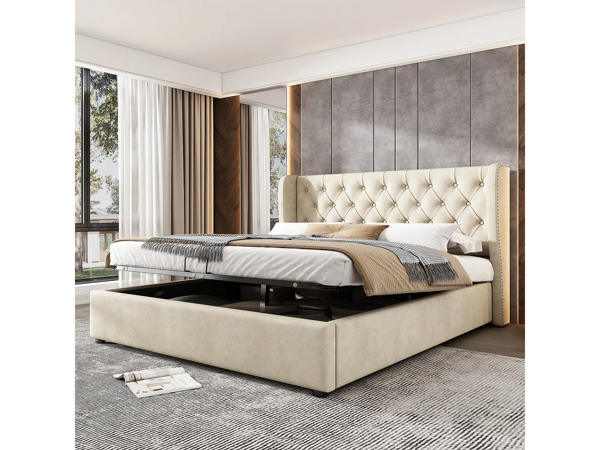 Lit Coffre 140x190 Velours Beige — vue 9