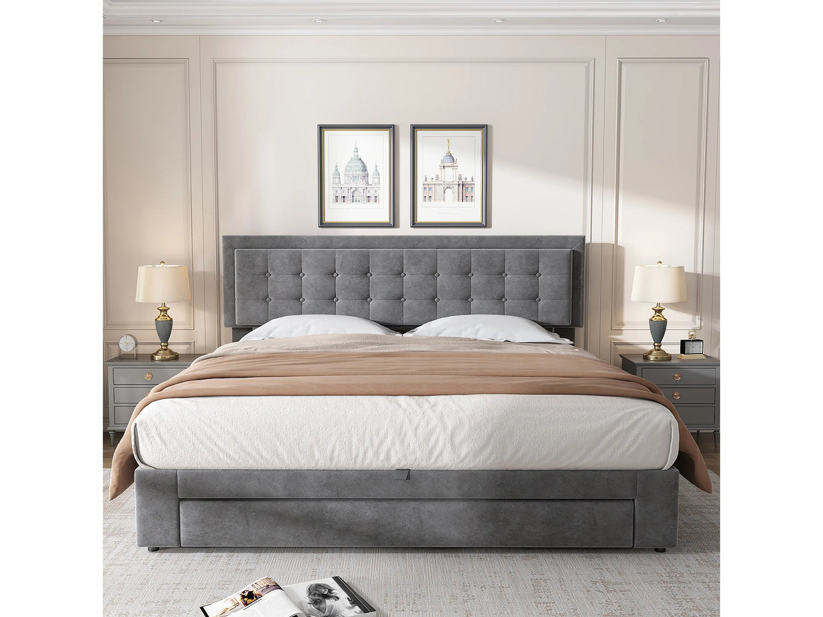 Lit Coffre 180x200 Velours Gris avec Tiroirs — vue 3