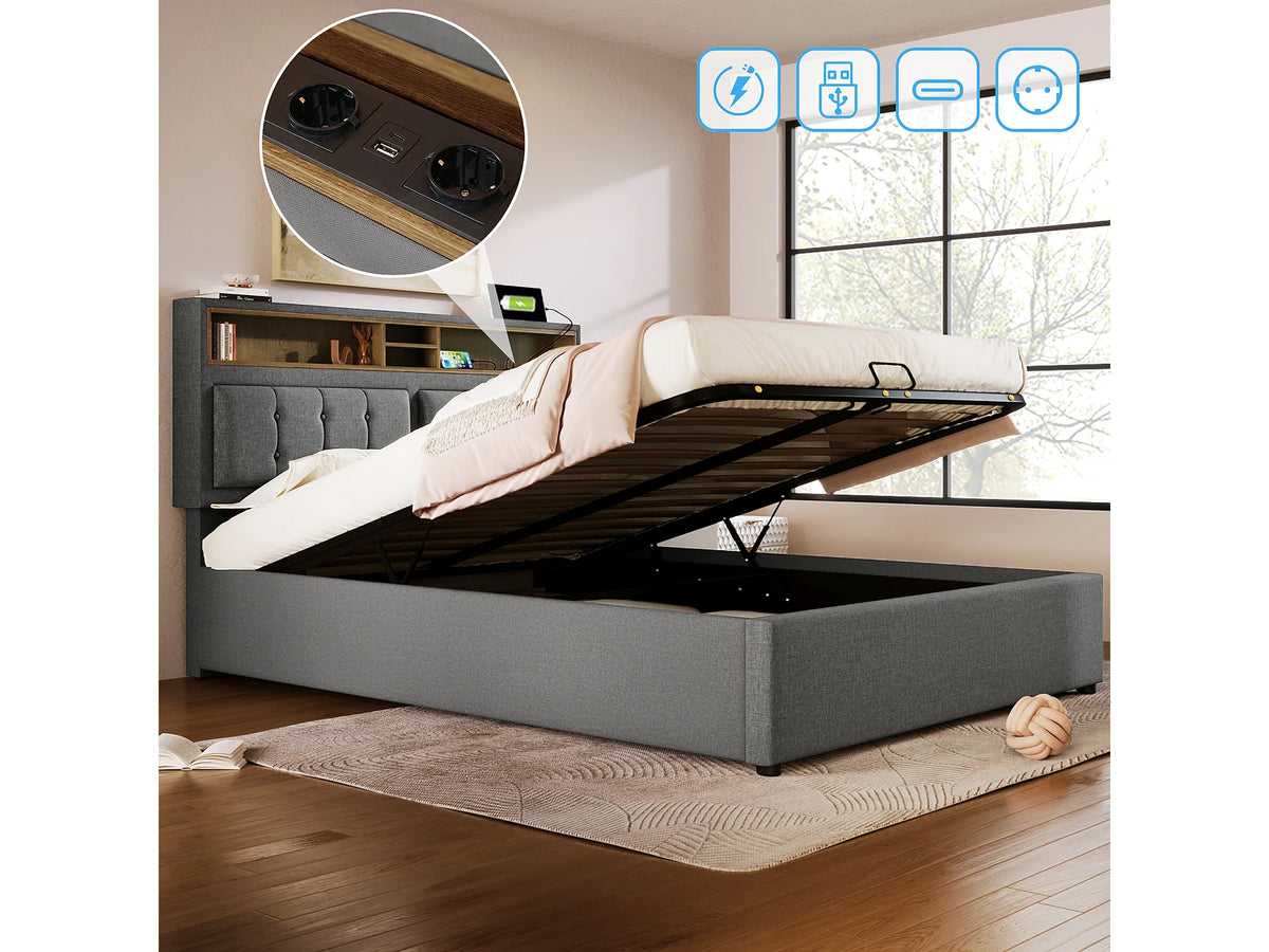 Lit Coffre 140x200 Tissu Lin Gris avec Port USB — vue 2