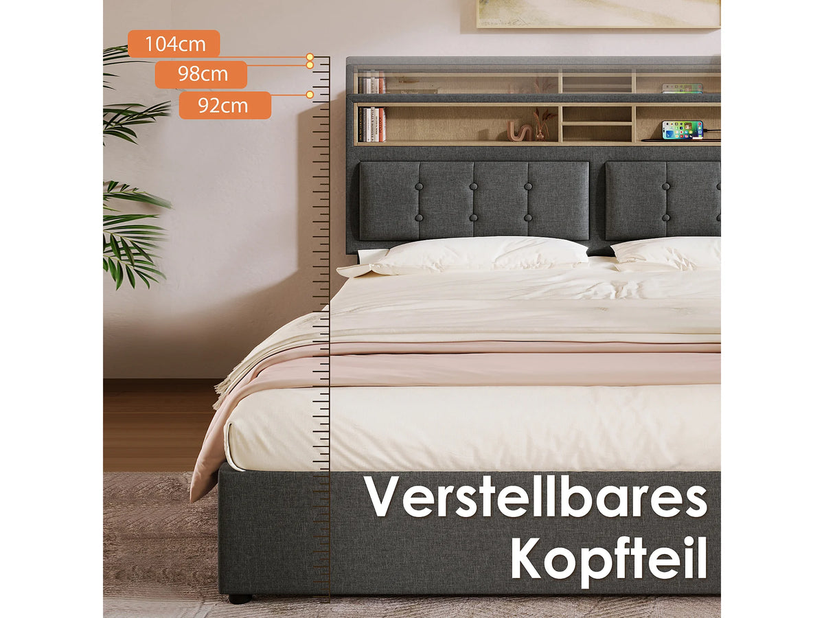 Lit Coffre 140x200 Tissu Lin Gris avec Port USB — vue 7