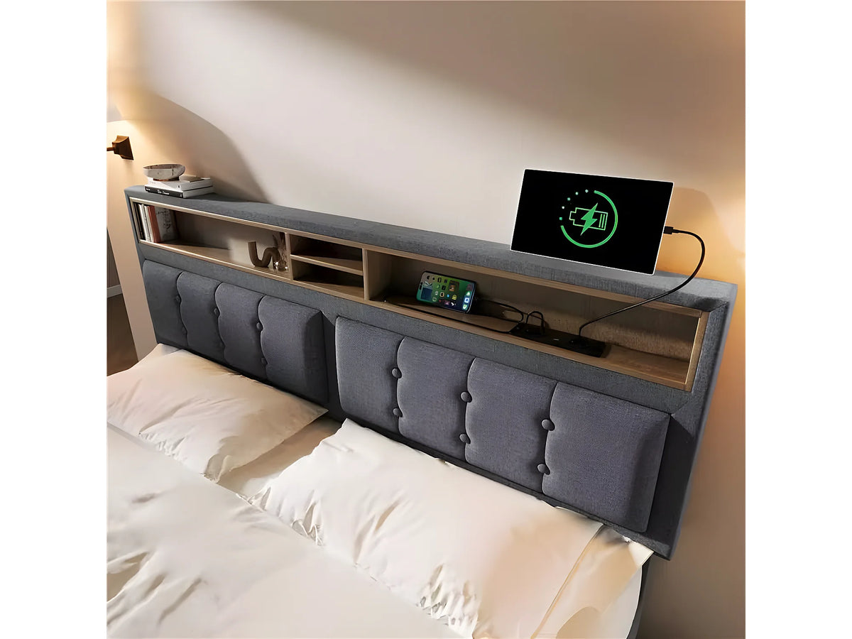 Lit Coffre 140x200 Tissu Lin Gris avec Port USB — vue 3