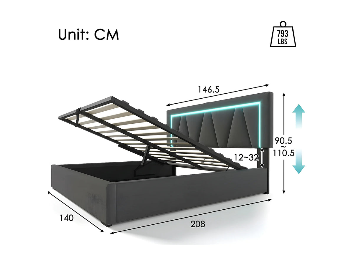Lit Coffre 140x200 Tissu Lin Gris avec LED et Port USB — vue 6