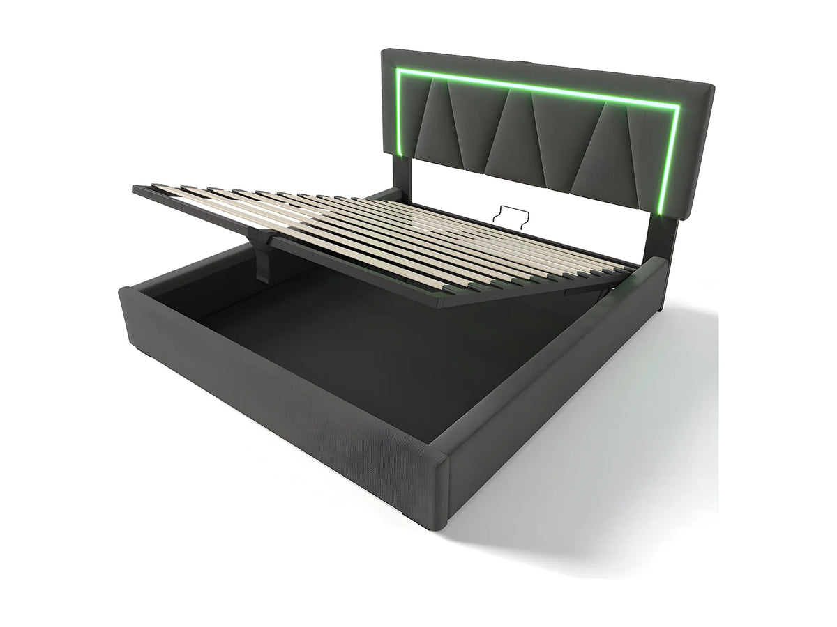 Lit Coffre 140x200 Tissu Lin Gris avec LED et Port USB — vue 5