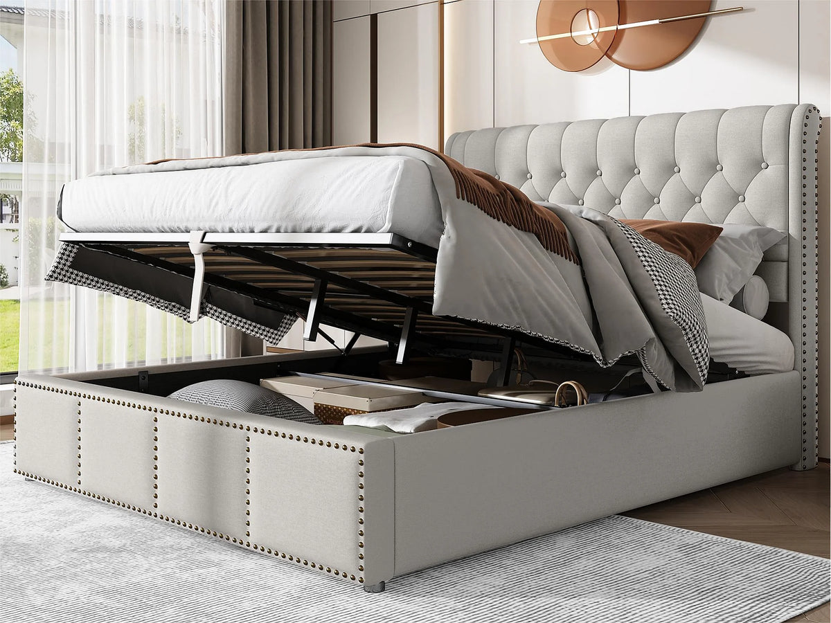 Lit Coffre 180x200 Tissu Lin Gris clair