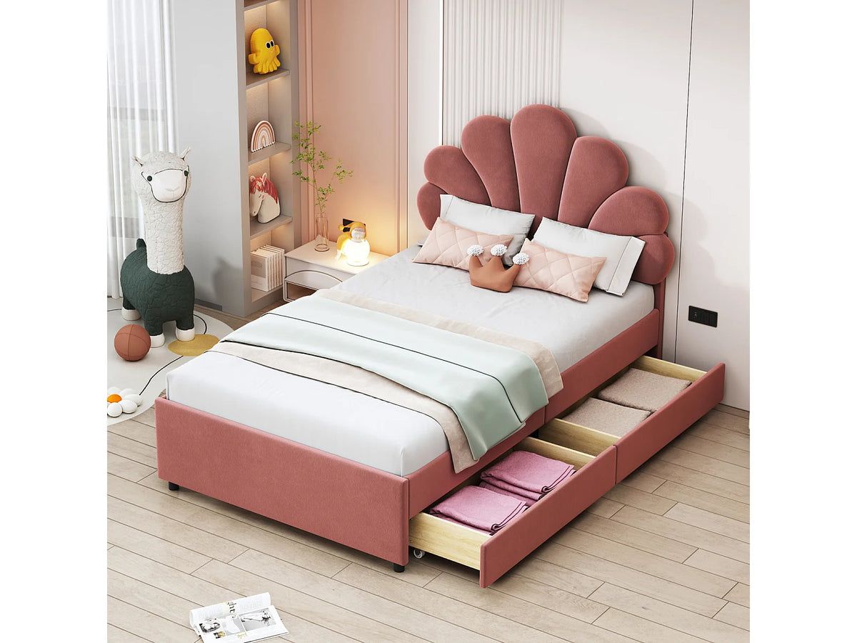 Lit Coffre 90x200 Velours Rose Capitonné