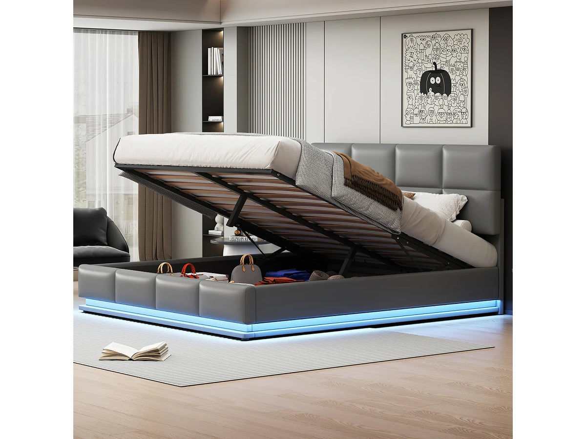 Lit Coffre 180x200 Simili Cuir Gris clair Capitonné avec LED
