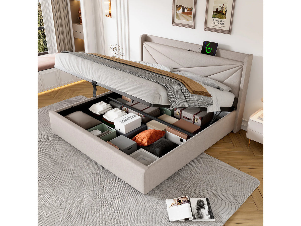 Lit Coffre 160x200 Tissu Lin Beige avec Port USB — vue 2