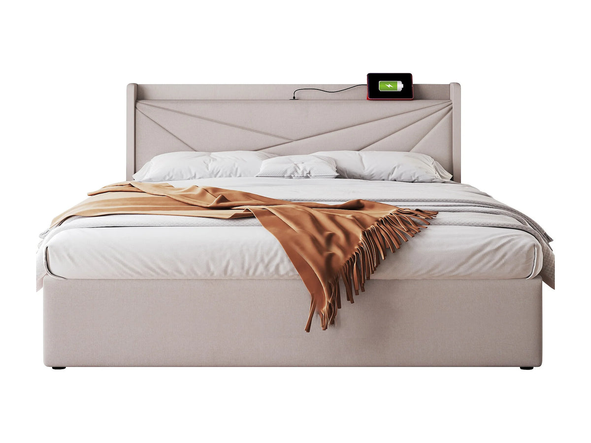 Lit Coffre 160x200 Tissu Lin Beige avec Port USB — vue 3