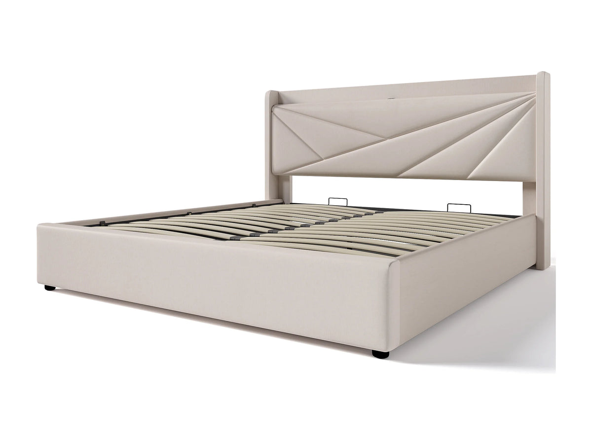 Lit Coffre 160x200 Tissu Lin Beige avec Port USB — vue 10