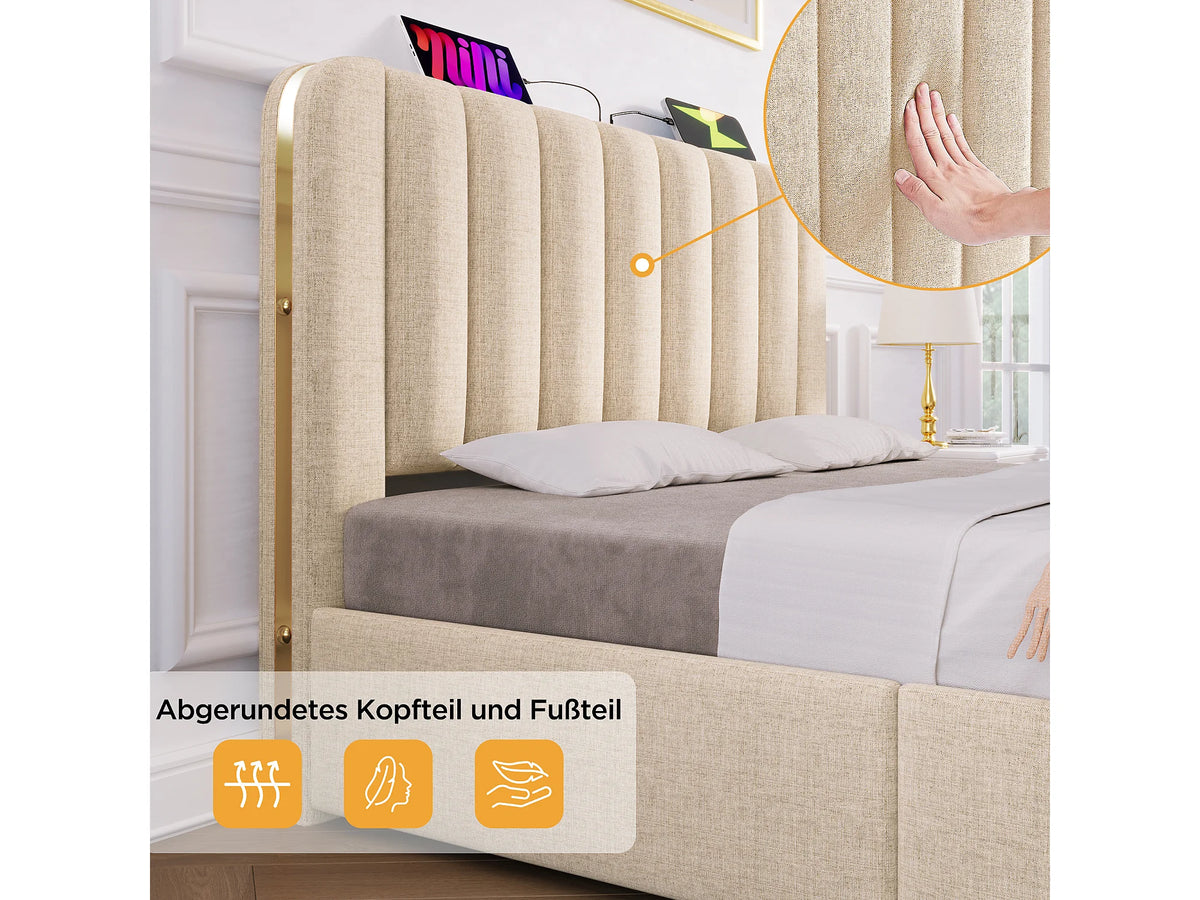 Lit Coffre 140x200 Tissu Lin Beige avec Port USB — vue 7