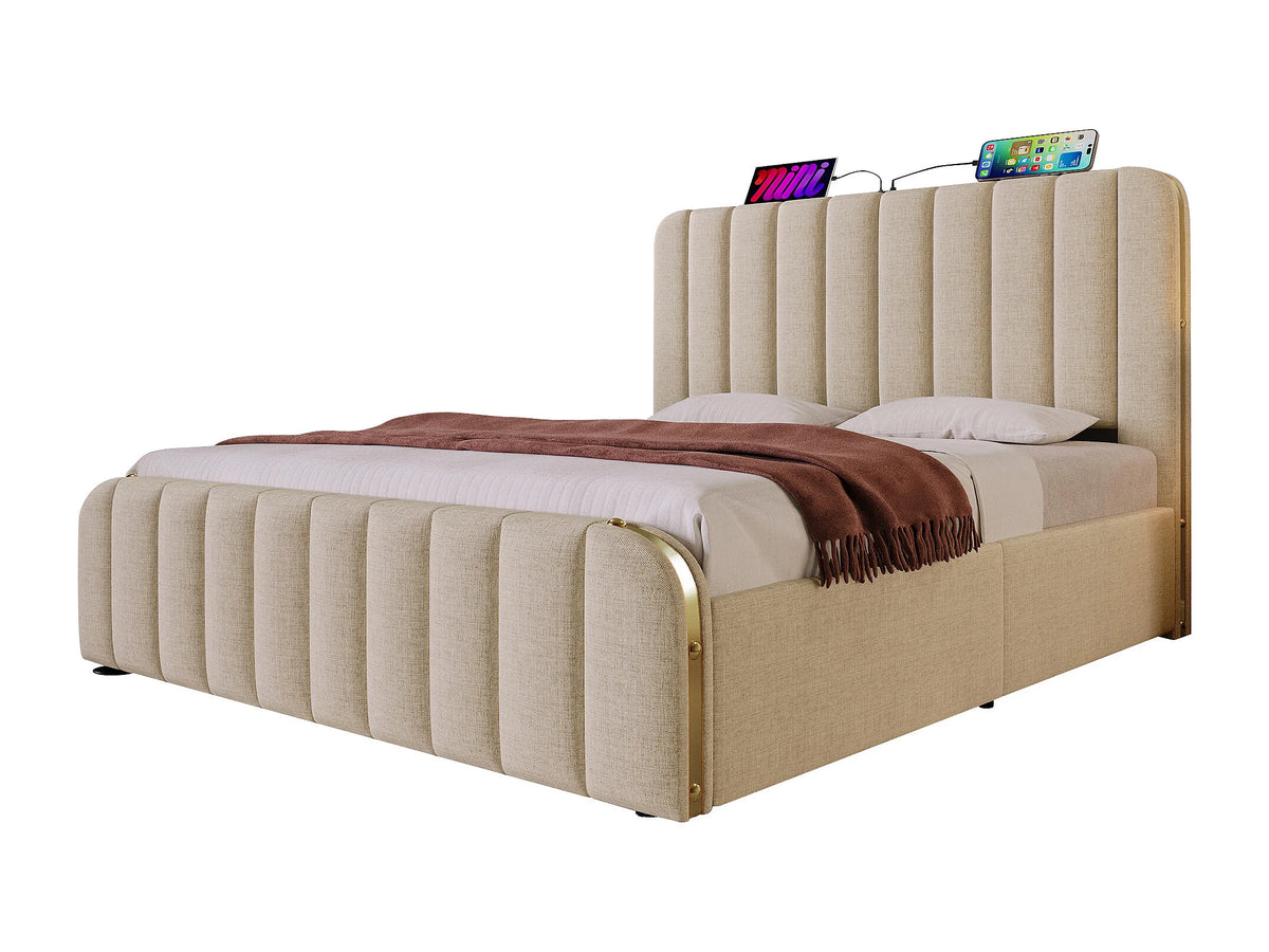 Lit Coffre 140x200 Tissu Lin Beige avec Port USB — vue 5