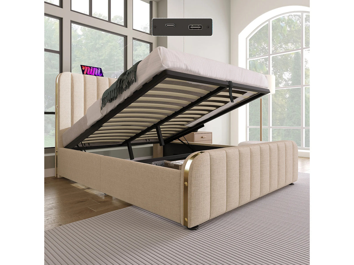 Lit Coffre 140x200 Tissu Lin Beige avec Port USB — vue 3