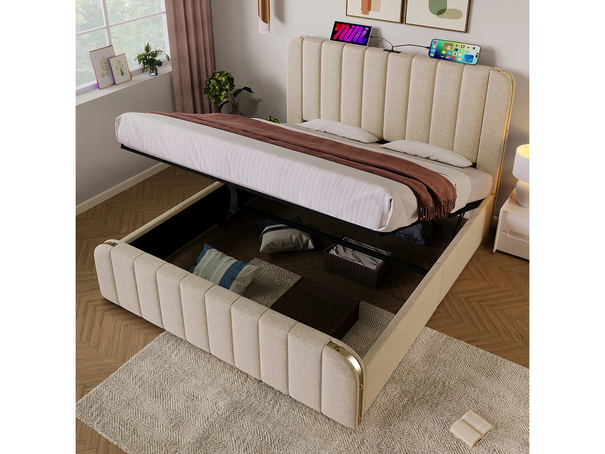 Lit Coffre 140x200 Tissu Lin Beige avec Port USB — vue 4