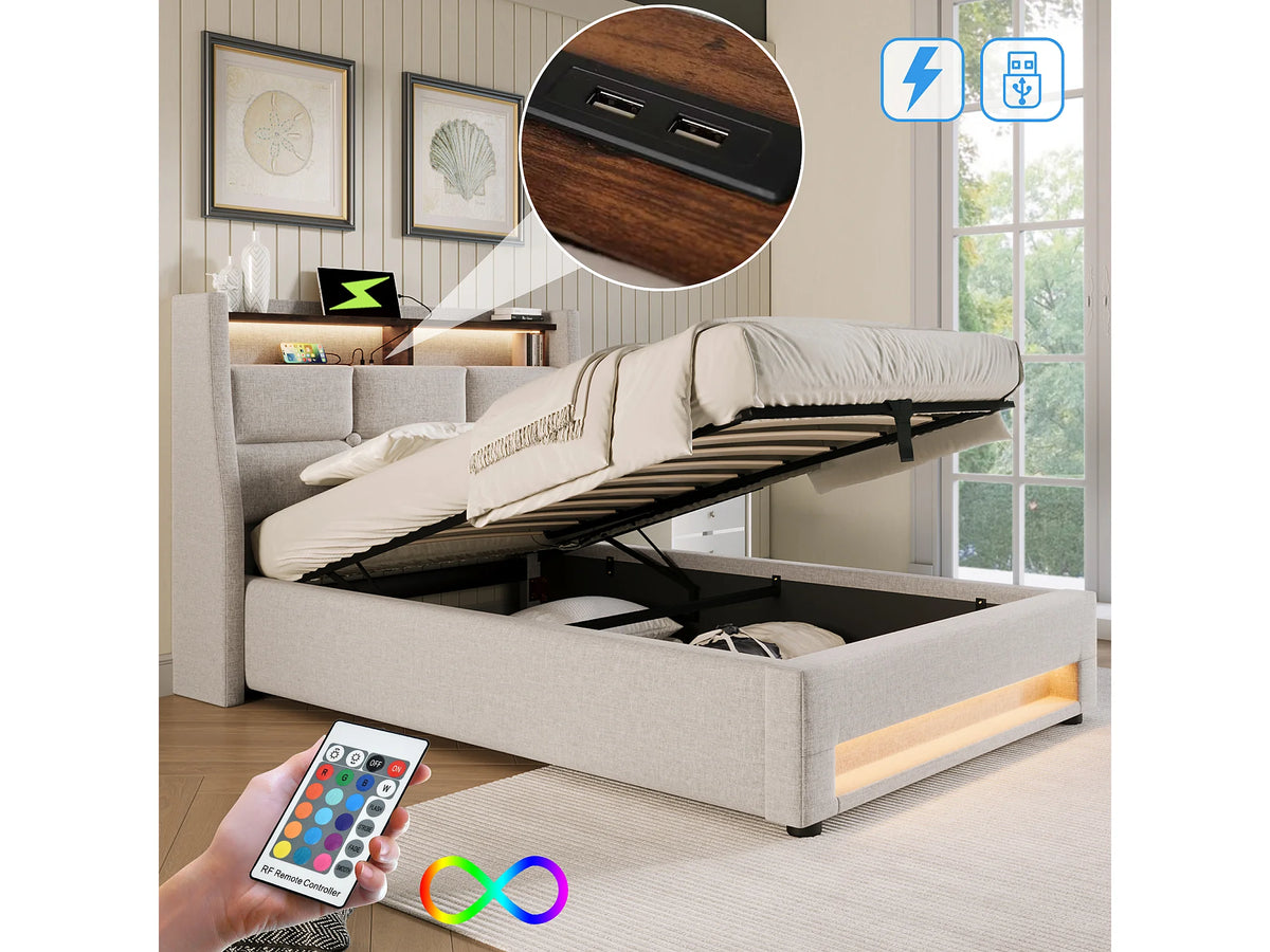 Lit Coffre 90x200 Tissu Lin Beige avec LED et Port USB