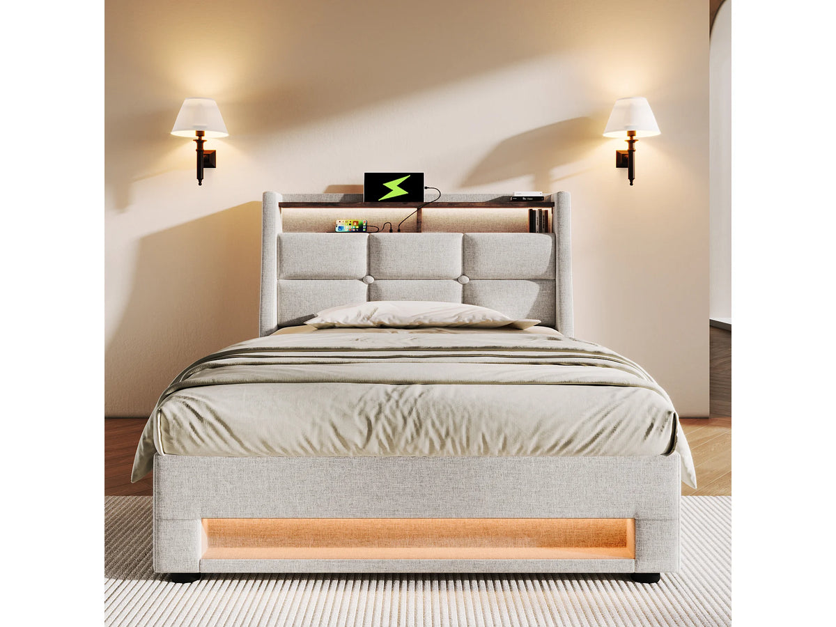 Lit Coffre 90x200 Tissu Lin Beige avec LED et Port USB — vue 2