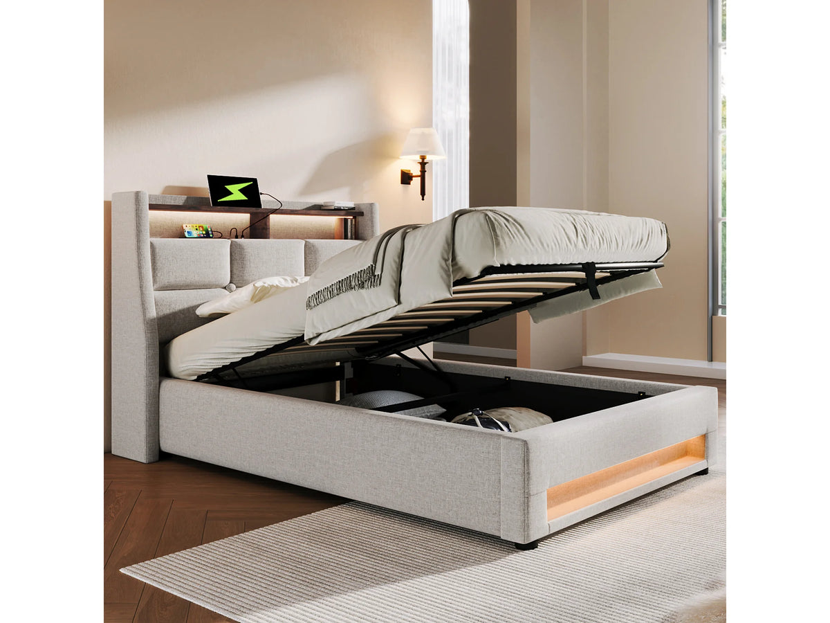 Lit Coffre 90x200 Tissu Lin Beige avec LED et Port USB — vue 3