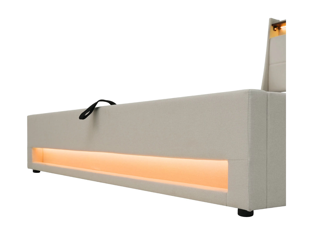 Lit Coffre 90x200 Tissu Lin Beige avec LED et Port USB — vue 8