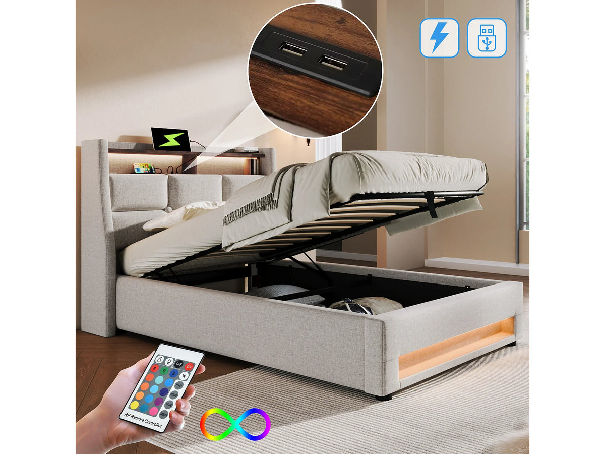 Lit Coffre 90x200 Tissu Lin Beige avec LED et Port USB — vue 4
