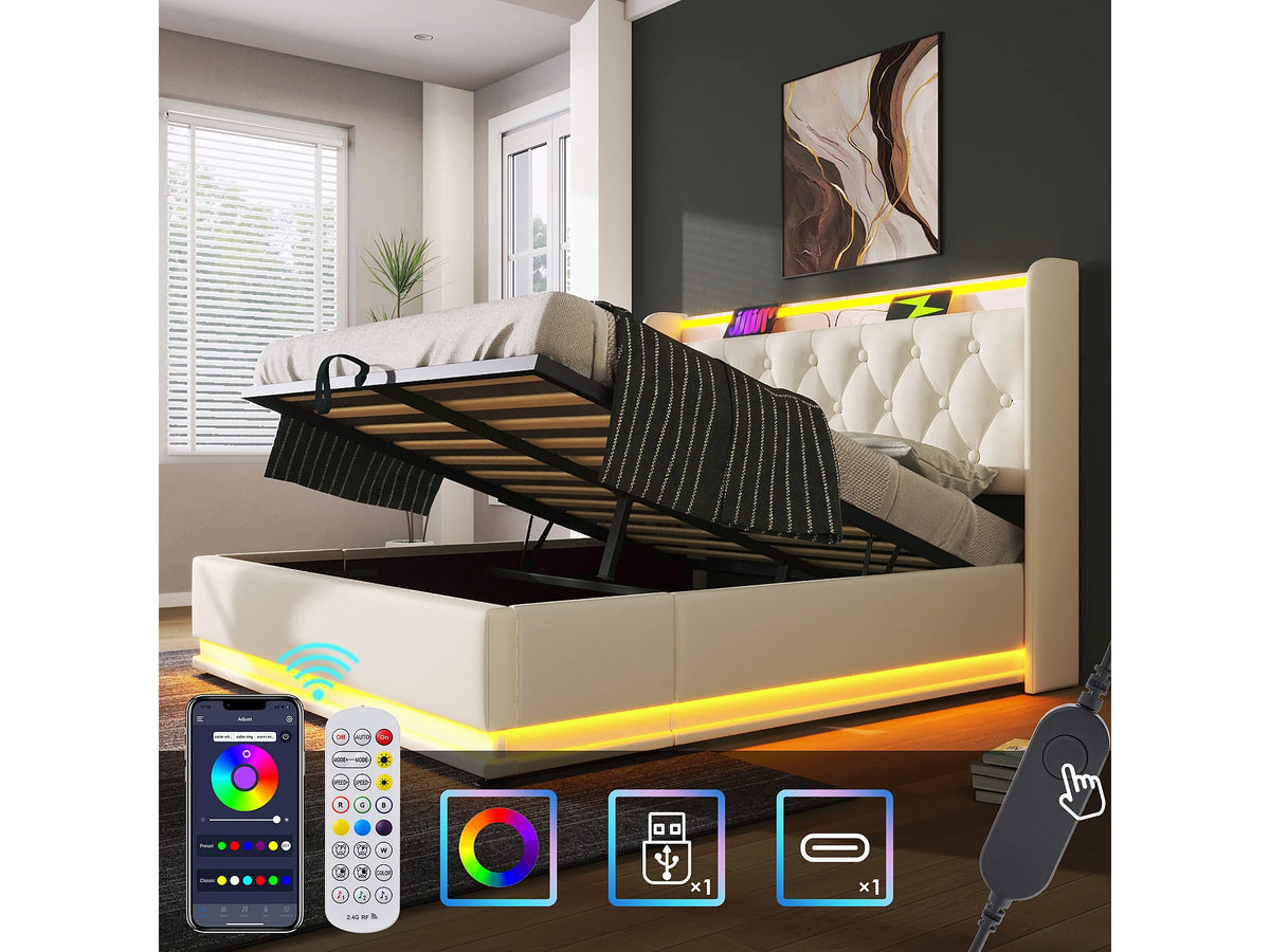 Lit Coffre 160x200 Simili Cuir Blanc avec LED et Port USB