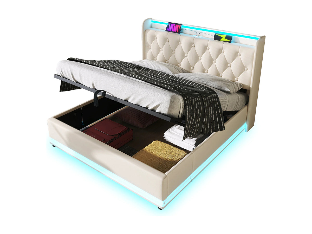 Lit Coffre 160x200 Simili Cuir Blanc avec LED et Port USB — vue 7