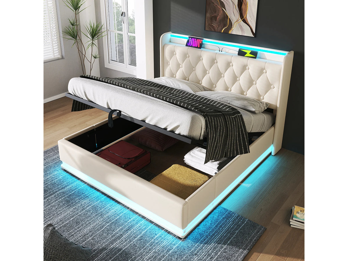 Lit Coffre 160x200 Simili Cuir Blanc avec LED et Port USB — vue 2